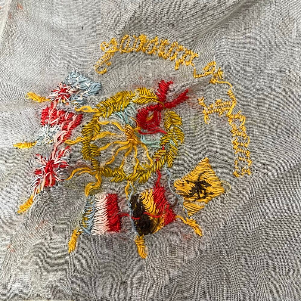 Vintage WWI Souvenir of France Handkerchief Embroider Silk? Lace Edge FLAWED - Picture 7 of 12